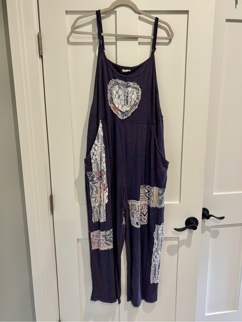 POL Relaxed Navy Patchwork Cotton Jumpsuit